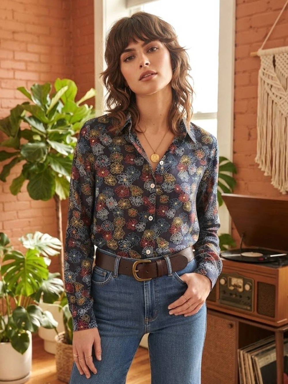 Esprit Vintage Daisy Floral Long Sleeve Button-Down Shirt 70’s Hippie Retro Chic